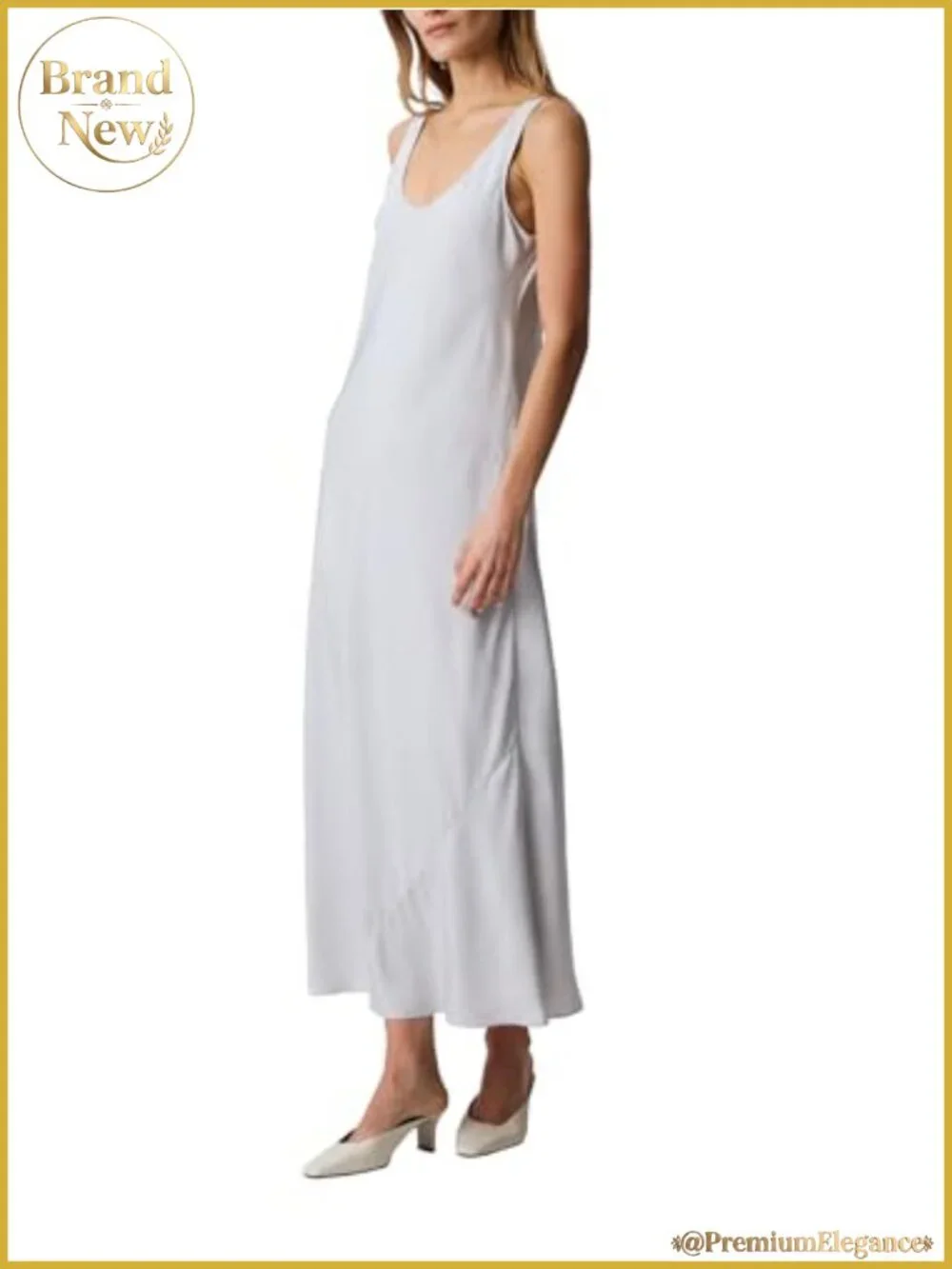 Viscose Twill Midi Slip Dress Sleeveless Scoop Neck